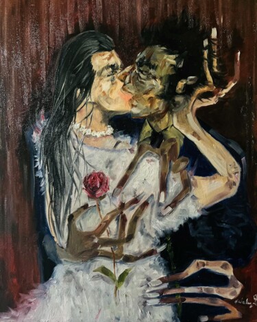 绘画 标题为“Le baiser” 由Reda Kanzaoui, 原创艺术品, 油 安装在木质担架架上