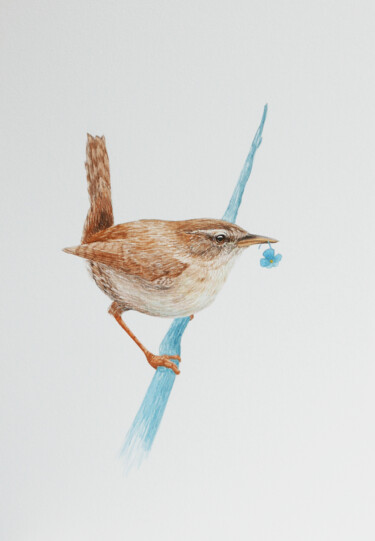 Eurasian wren with fake plastic flower Peinture intitulée "Eurasian wren with…" par Karina Danylchuk, Œuvre d'art originale, Aquarelle