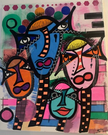 Tableau contemporain, inspiration cubisme,brut .Visage abstr Painting titled "Tableau contemporai…" by Sylvie Mercadier Cougoule, Original Artwork, Acrylic