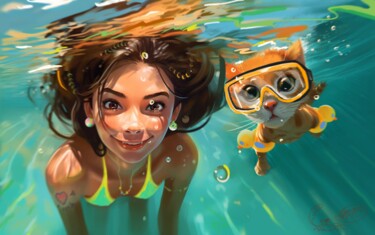 数字艺术 标题为“a girl and a cat in…” 由Anastasiia Balanda, 原创艺术品, 2D数字工作
