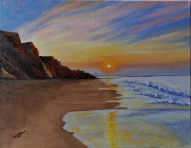 Nascer do sol na Praia da Falésia, Albufeira Painting titled "Nascer do sol na Pr…" by Inês Dourado, Original Artwork, Oil Mounted on Wood Stretcher frame