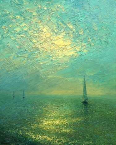 Картина под названием "Evening sea 3" - Dmitry Oleyn, Подлинное произведение искусства, Масло Установлен на Деревянная рама…