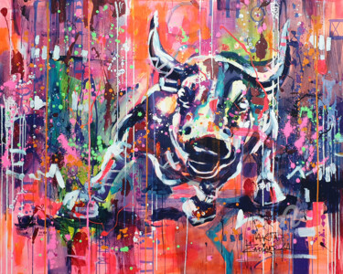 绘画 标题为“Charging Bull” 由Marta Zawadzka, 原创艺术品, 丙烯 安装在木质担架架上