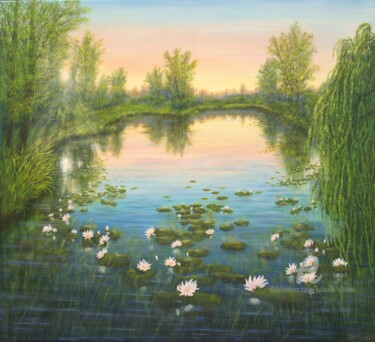 Sunrise at the water lily pond Painting titled "Sunrise at the wate…" by Ludmilla Ukrow, Original Artwork, Oil
