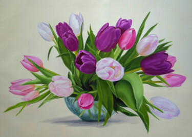 Painting titled "Still Life With Tul…" by Simona Tsvetkova, Original Artwork, Oil Mounted on Wood Stretcher frame