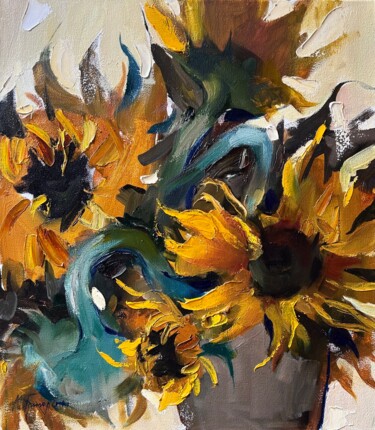 Sunflowers — flower painting, floral 제목이 "Sunflowers — flower…"인 미술작품 Maryna Hryhorenko로, 원작, 기름 나무 들것 프레임에 장착됨