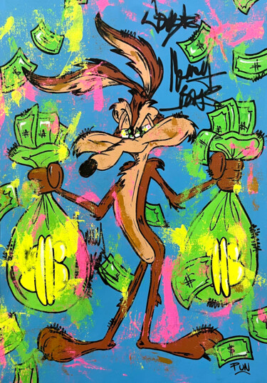 绘画 标题为“Wile E Coyote money…” 由Carlos Pun, 原创艺术品, 丙烯 安装在木质担架架上