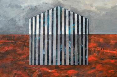 绘画 标题为“Barn in an orange f…” 由Robert Kańtoch, 原创艺术品, 丙烯 安装在木质担架架上