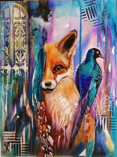 Peinture intitulée "Le merle métallique" par Sandrine Engle, Œuvre d'art originale, Acrylique Monté sur Carton