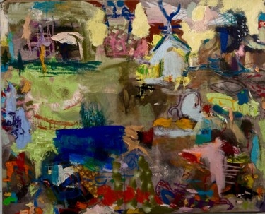 Painting titled "Village" by Gilles Glaçon, Original Artwork, Acrylic Mounted on Wood Stretcher frame