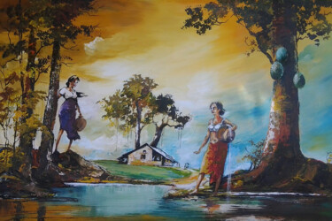 Painting titled "Mornings by the Riv…" by Aryawansa Kumarasinghe, Original Artwork, Acrylic Mounted on Wood Stretcher frame