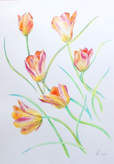 Six Coral Tulips Peinture intitulée "Six Coral Tulips" par Elizabeth Sadler, Œuvre d'art originale, Aquarelle