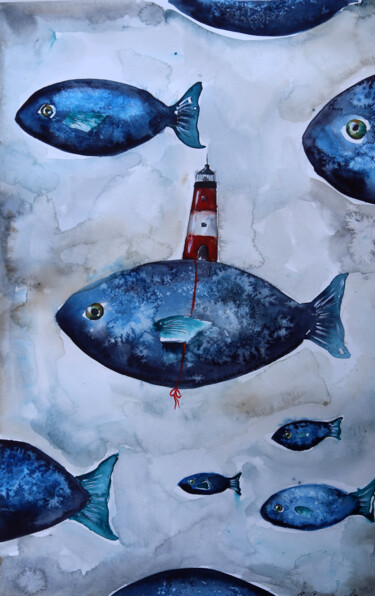 Painting titled "Pesci blu" by Evgenia Smirnova, Original Artwork, Watercolor