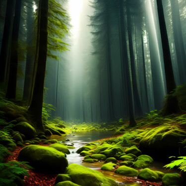 beautiful forest with tall trees and moss Arts numériques intitulée "beautiful forest wi…" par Mahesh Tolani, Œuvre d'art originale, Peinture numérique