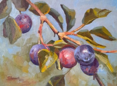 Plum fruits on a branch Painting titled "Plum fruits on a br…" by Svetlana Shcherilya, Original Artwork, Oil Mounted on Cardboard