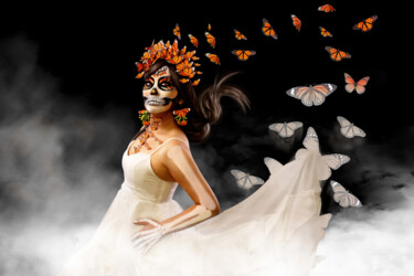Monarch butterflies and souls fly around La Catrina Photography titled "Monarch butterflies…" by R&N Photography, Original Artwork, Digital Photography