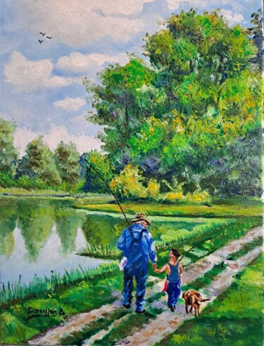 Painting titled "PAPY on va à la pêc…" by Alain Dervillez, Original Artwork, Oil