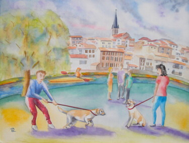 AQUARELLE originale: rencontre dans le parc du vilage Peinture intitulée "AQUARELLE originale…" par Isabelle Redonnet, Œuvre d'art originale, Aquarelle