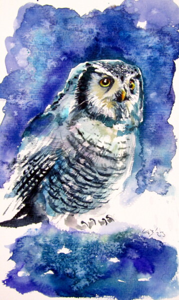 「Owl in the forest II」というタイトルの絵画 Anna Brigitta Kovacs (KAB)によって, オリジナルのアートワーク, 水彩画