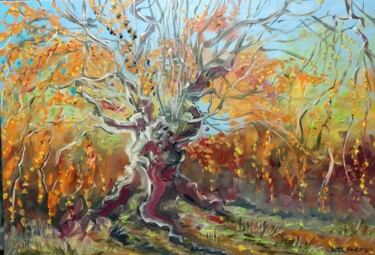 Painting titled "Le saule pleure au…" by Geneviève Baud Caizergues, Original Artwork, Oil Mounted on Wood Stretcher frame