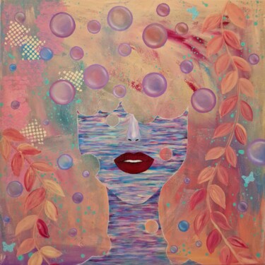 Bubbles. Surreal woman portrait vibrant colors beautiful fac 绘画 标题为“Bubbles. Surreal wo…” 由Olya Enina, 原创艺术品, 油 安装在木质担架架上