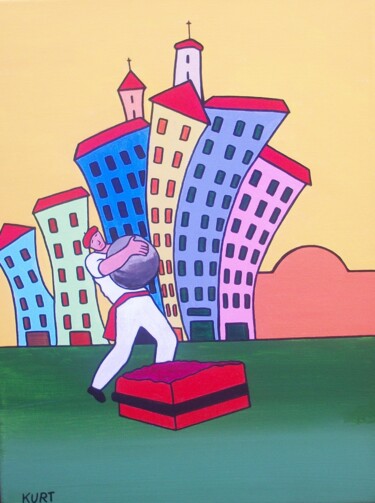 Tableau naif Leveur de pierre - Force basque 2 Schilderij getiteld "Tableau naif Leveur…" door Didier Dordeins, Origineel Kunstwerk, Acryl