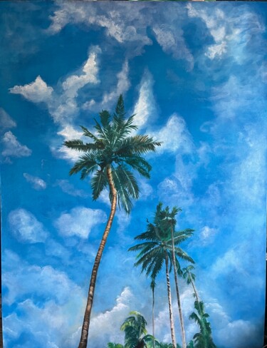 Painting titled "Les palmiers" by Linda Bonnaffous, Original Artwork, Oil