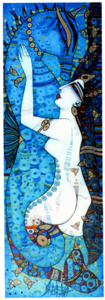 Gravures & estampes intitulée "Confidences en bleu…" par Albena Vatcheva, Œuvre d'art originale, Monotype