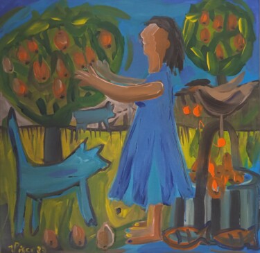 Painting titled "Menina colhendo Nês…" by Vitor Pisco, Original Artwork, Acrylic