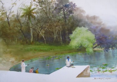 Fishing at lakeside Malerei mit dem Titel "Fishing at lakeside" von Bhargavkumar Kulkarni, Original-Kunstwerk, Aquarell
