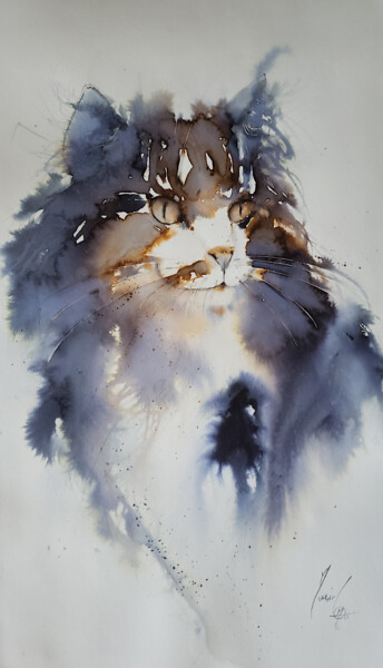 「Chat noir et doré」というタイトルの絵画 Muriel Mougeolleによって, オリジナルのアートワーク, 水彩画