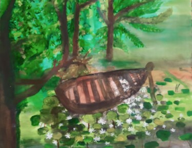 Painting titled "Boat filled with fl…" by Krishna Art Gallery, Original Artwork, Oil