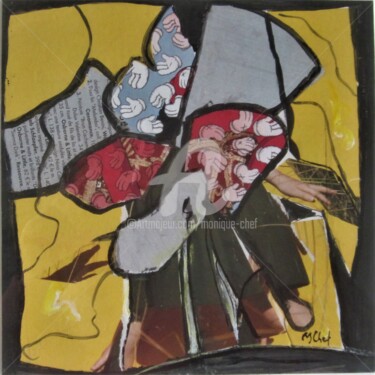 Collages intitulée "Collage sur fond ja…" par Monique Chef, Œuvre d'art originale, Collages