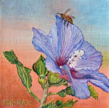 Hibiscus" in a framed 「Hibiscus" in a fram…」というタイトルの絵画 Sergey Suslovによって, オリジナルのアートワーク, オイル 段ボールにマウント