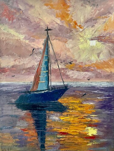 Calmness sailboat on the water surface at sunset 제목이 "Calmness sailboat o…"인 미술작품 Marina Zhivliuk로, 원작, 기름