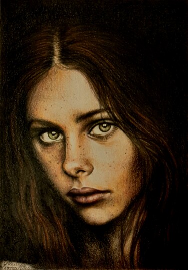Dessin intitulée "Les yeux verts" par Laurence Keriguy, Œuvre d'art originale, Crayon