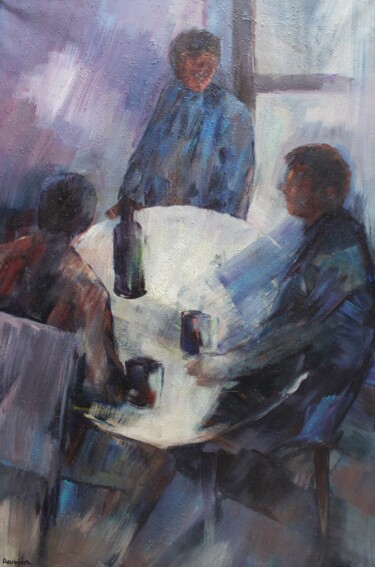 Peinture intitulée "Café de village" par Daniel Rouviere, Œuvre d'art originale, Huile Monté sur Châssis en bois