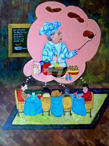 Painting titled "S-The Chef Cooking…" by Clement Tsang, Original Artwork, Oil