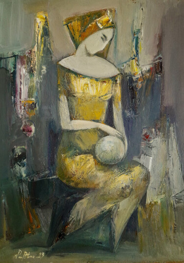 GIRL WITH YELLOW BALL (42x58cm, oil/canvas) 绘画 标题为“GIRL WITH YELLOW BA…” 由Mateos Sargsyan, 原创艺术品, 油 安装在木质担架架上