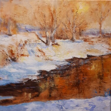 Painting titled "PAYSAGE de NEIGE" by Brigitte Krief, Original Artwork, Oil Mounted on Wood Stretcher frame