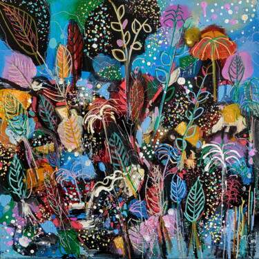 绘画 标题为“Jardin de nuit au b…” 由Muriel Cayet, 原创艺术品, 丙烯 安装在木质担架架上