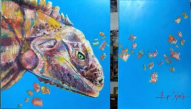 Peinture intitulée "L'iguane des Galapa…" par Hugo Biebrach, Œuvre d'art originale, Huile Monté sur Châssis en bois