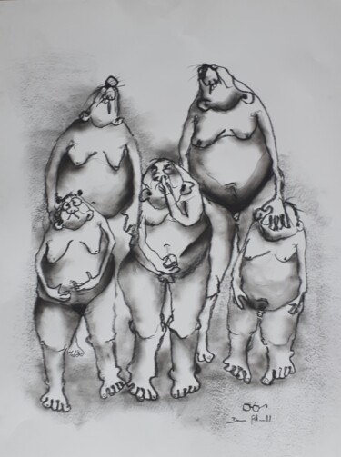 「portrait de famille…」というタイトルの描画 Denis Blondelによって, オリジナルのアートワーク, 木炭