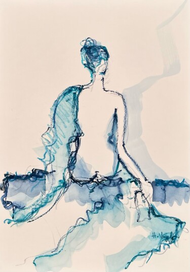 Dessin intitulée "Tiii drapée de dos" par Helene Vogel, Œuvre d'art originale, Fusain