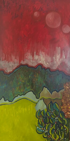 Pintura titulada "Red Moon landscape" por Njoy, Obra de arte original, Acrílico Montado en Bastidor de camilla de madera