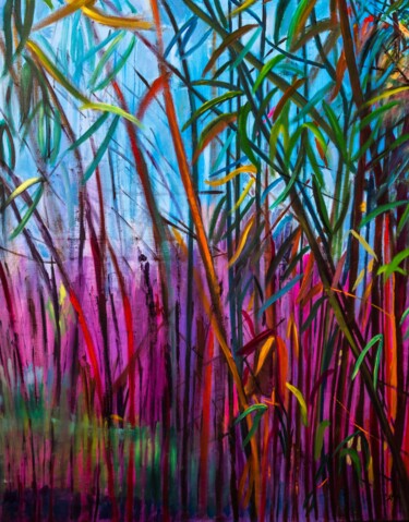 Painting titled "Les Bambous 1" by Catherine Maury, Original Artwork, Oil Mounted on Wood Stretcher frame
