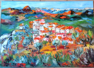 Malerei mit dem Titel "PAYSAGE VILLAGE DE…" von Jean Pierre Jumeaux, Original-Kunstwerk, Öl Auf Keilrahmen aus Holz montiert