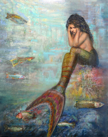 绘画 标题为“Mermaid” 由Sergei Lisitsyn, 原创艺术品, 油 安装在纸板上