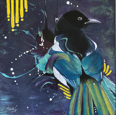 Peinture intitulée "La pie avare" par Angie F., Œuvre d'art originale, Acrylique Monté sur Châssis en bois