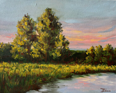 Painting titled "Riverside Reflectio…" by Liza Illichmann, Original Artwork, Oil Mounted on Cardboard